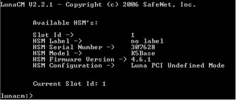 Command prompt window running lunacm command with details about available HSM